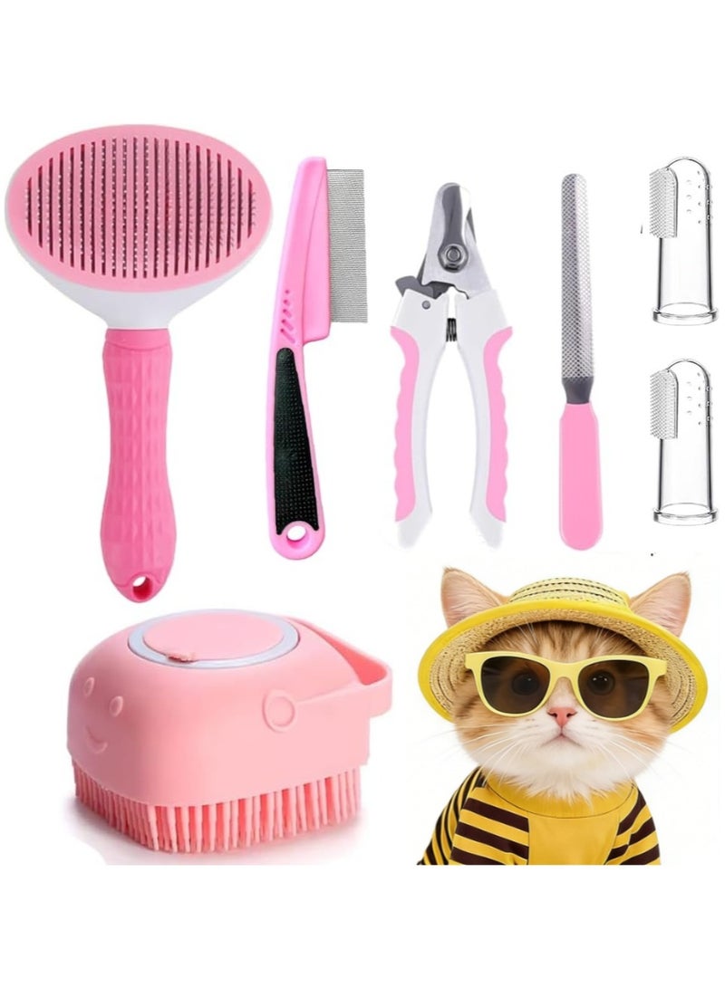 طقم فرش عناية للقطط والكلاب ٧ قطع، فرشاة تنظيف ذاتي، قلامة أظافر حيوانات ومبرد، مشط براغيث، فرشاة استحمام بالشامبو، فرشاة أسنان للأصابع (وردي) - Image 1